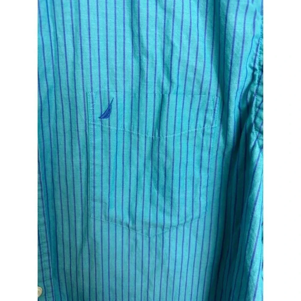 Blue Striped Mens Long Sleeve Button Up Dress Shirt Size XL Nautica #0508